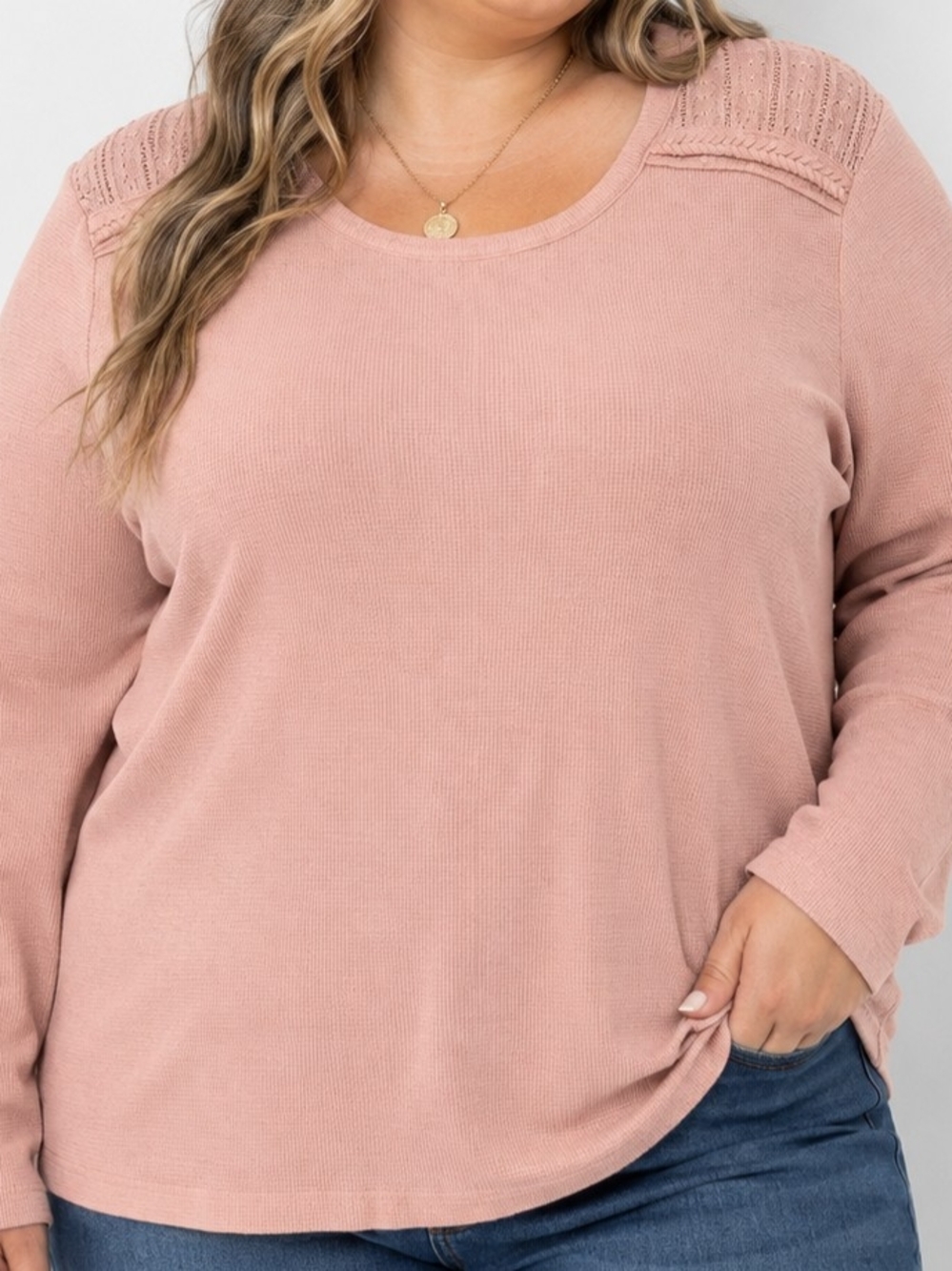 NorthCrest 3X Plus Size Pink Waffle Knit Long Sleeve Top